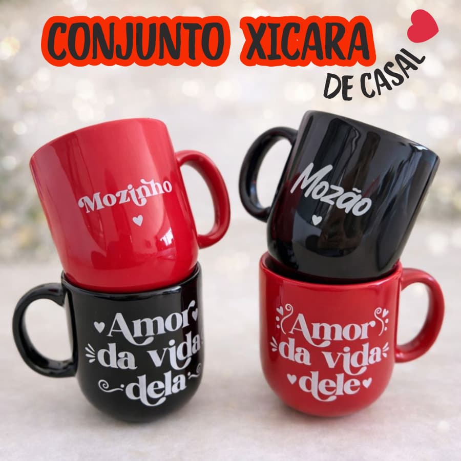Kit 2 Canecas Casal Amor da Vida Ele e Ela 220ml Namorados Presente Decoraçao