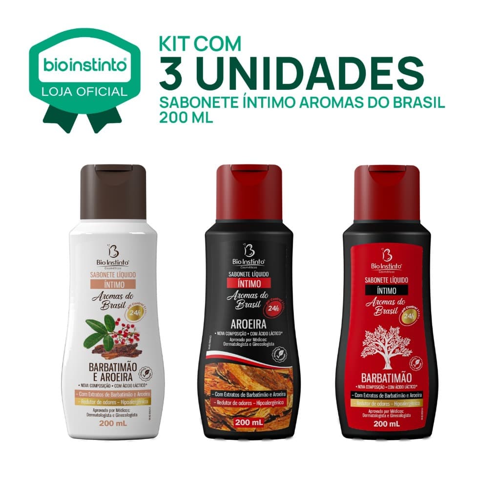 kit 3 Sabonete Íntimo líquido  BARBATIMÃO + AROEIRA + BARBATIMÃO c/ AROEIRA Bio Instinto Banho Suave