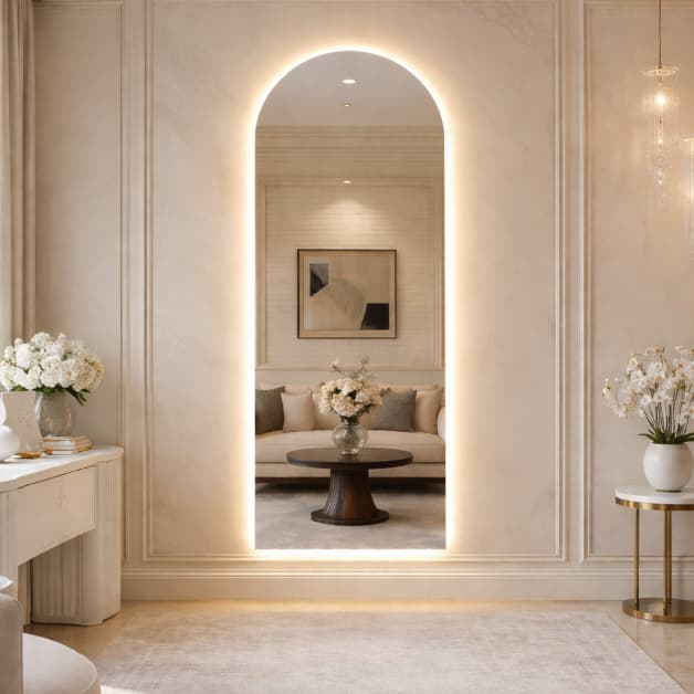 Espelho Oval Base Reta com LED Luxo Design Moderno Decorativo Parede