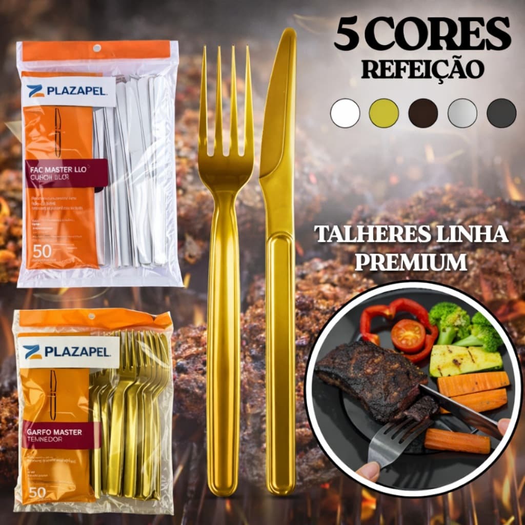 Kit 100 Talheres Churrasco Faca Garfo Acrílico Plastico Reforçado Dourado Ouro Dourado Preto Branco Master Refeição