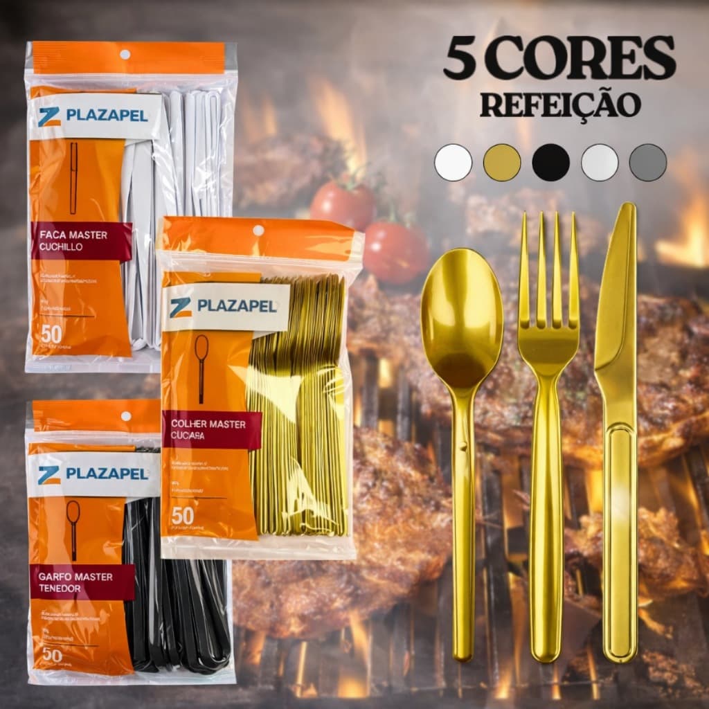 Kit 150 Talheres Master Refeição Descartável Plastico Facas Garfos Colheres Reforçada Churrasco Dourado Preto Branco