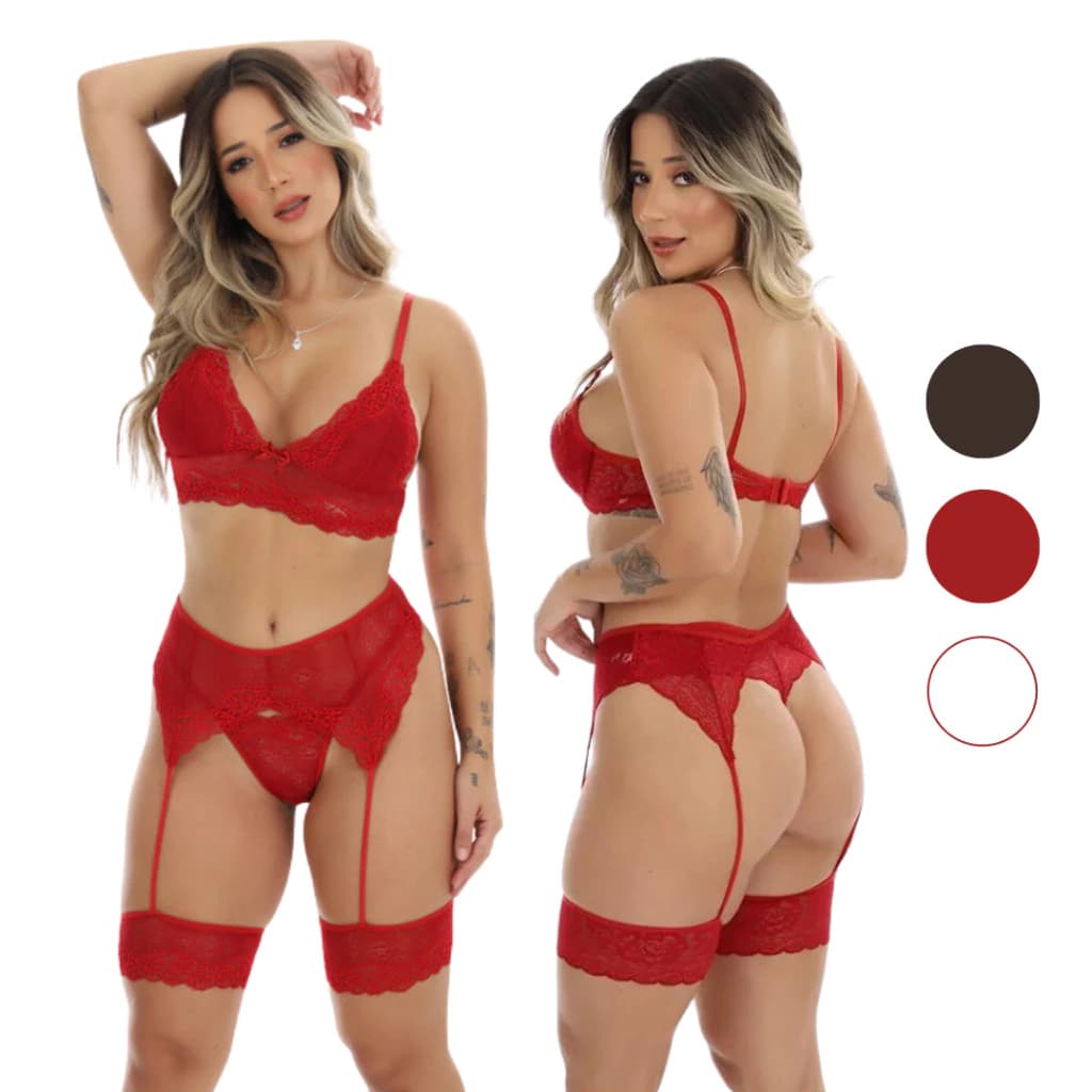 Conjunto Sexy de Renda Calcinha e Sutiã + Cinta Liga Lingerie Sensual Sem Bojo de Luxo
