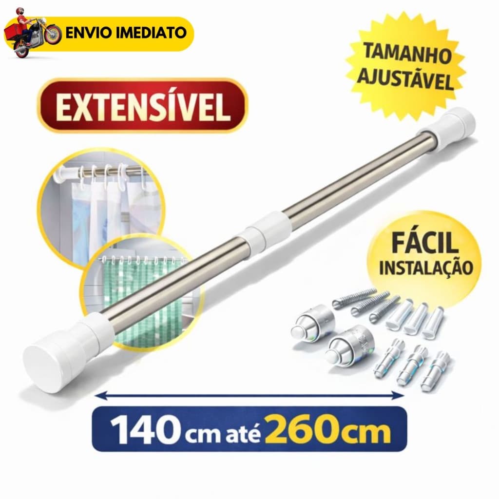 Varão Extensível Grande Em Inox Ajustável Suporte Resistente Bastão Porta Cortina De Box E Banheiro Multiuso