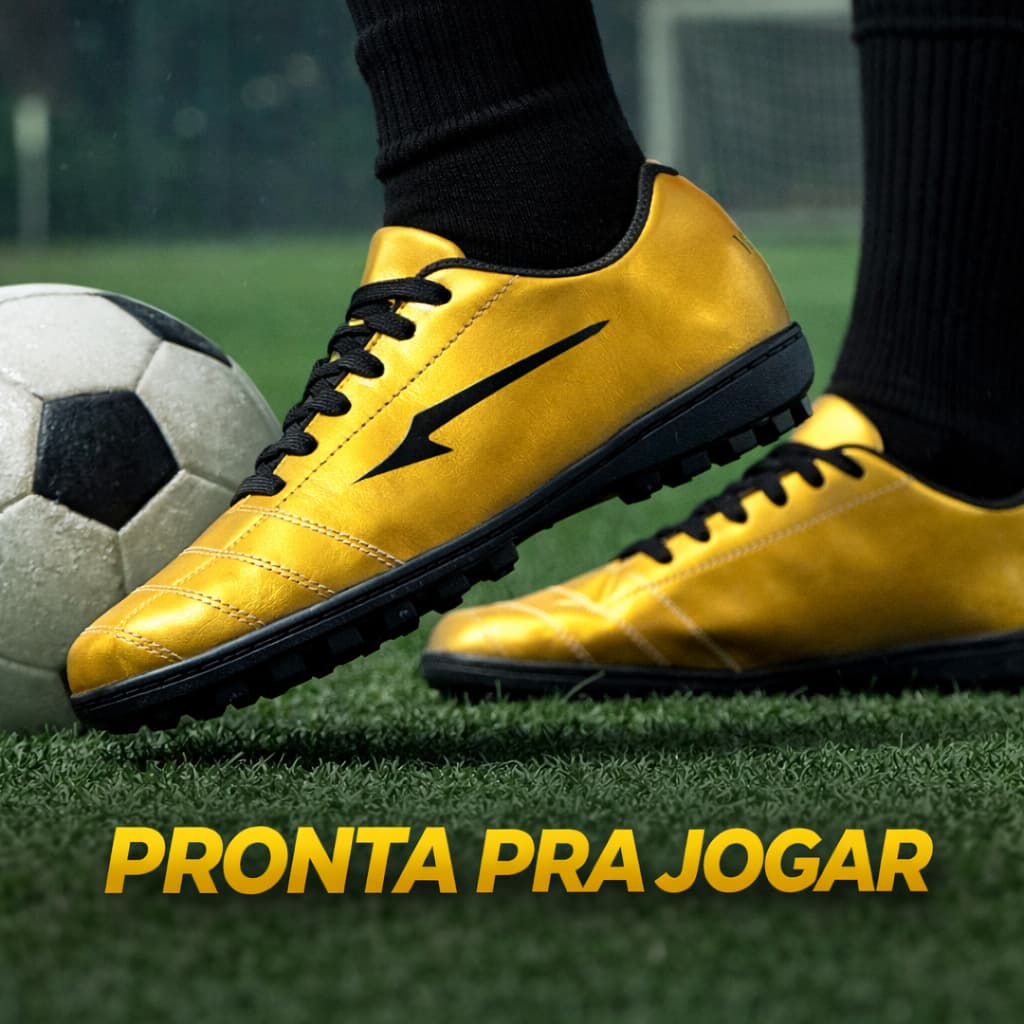 Chuteira Society Premium Masculina | Dourada Prata Preta | Leve, Confortável e Resistente com Travas