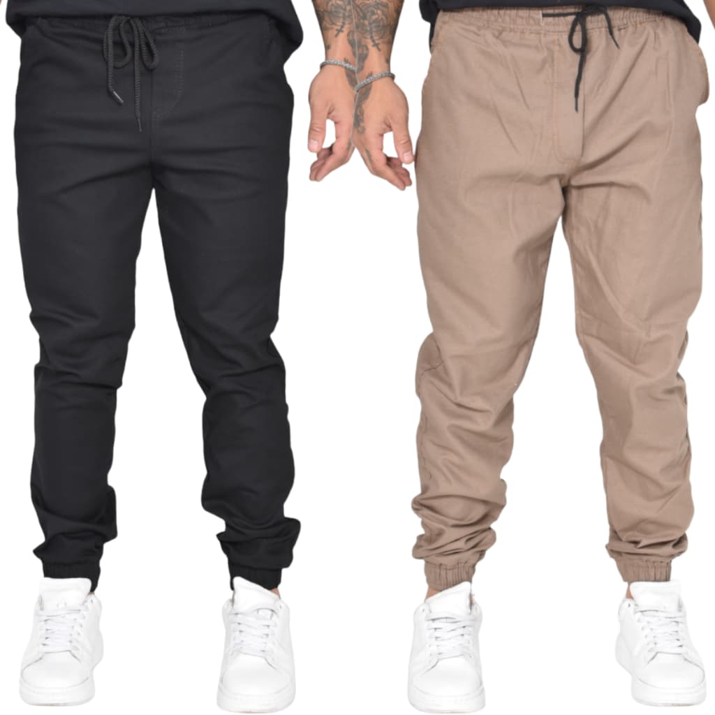 Combo de 2 Calças Jogger Masculina Modelo Slim Casual Preta e Caqui
