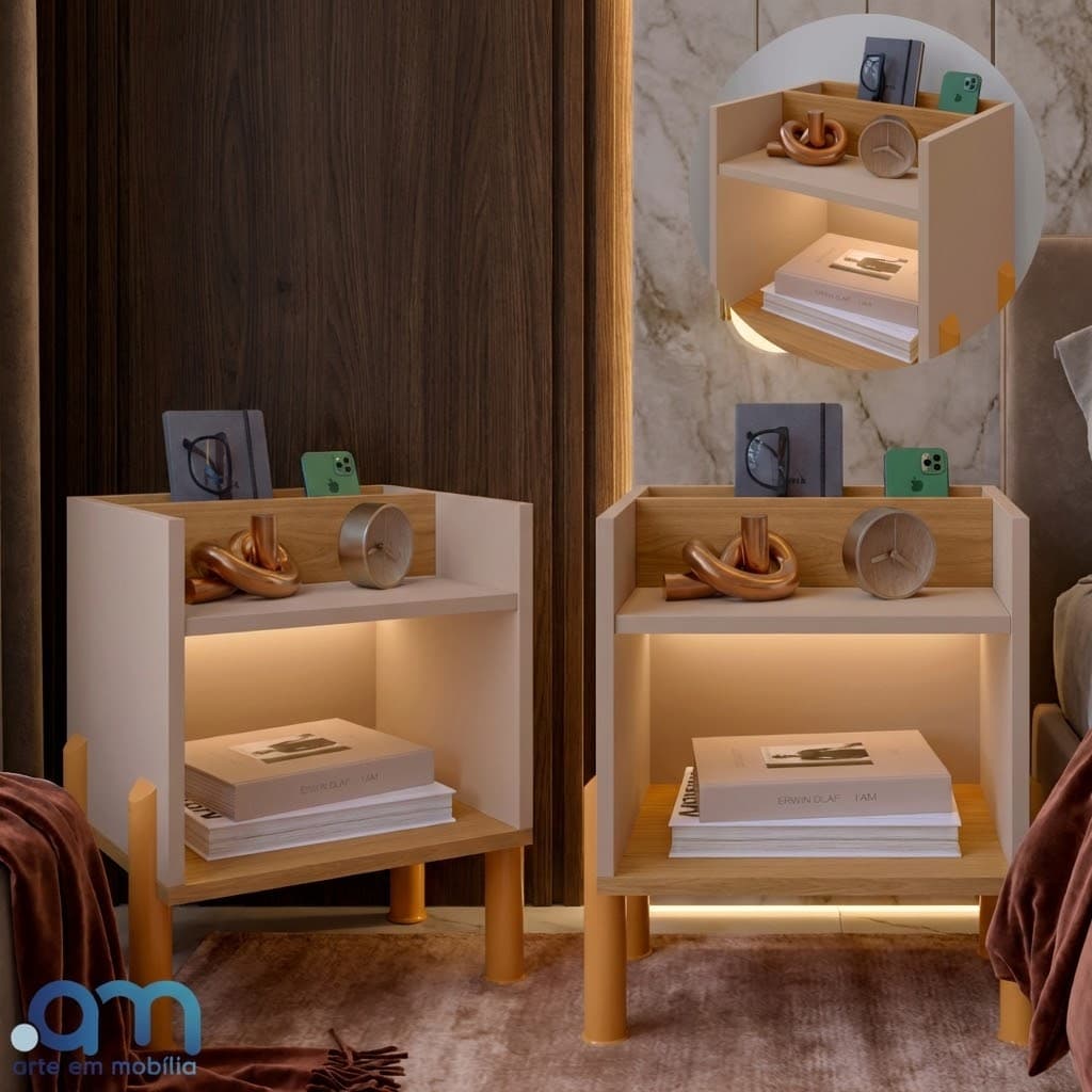 Kit com 2 Mesa de Cabeceira Madri Suspensa com Porta-treco e Nicho Livros e Itens Decorativo