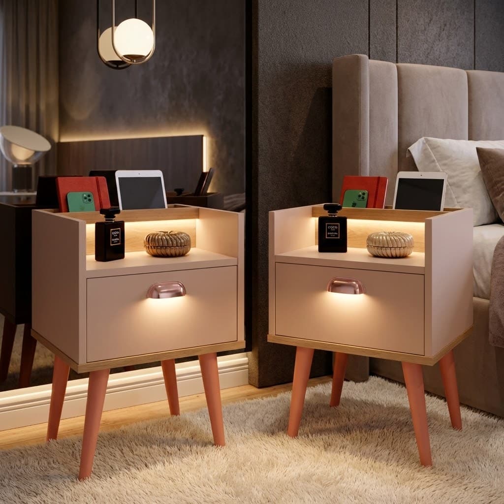 Kit 2 Mesas de Cabeceira Criado Mudo Retrô Com 1 Gaveta, Nicho Porta Acessórios COMPACTO Milena