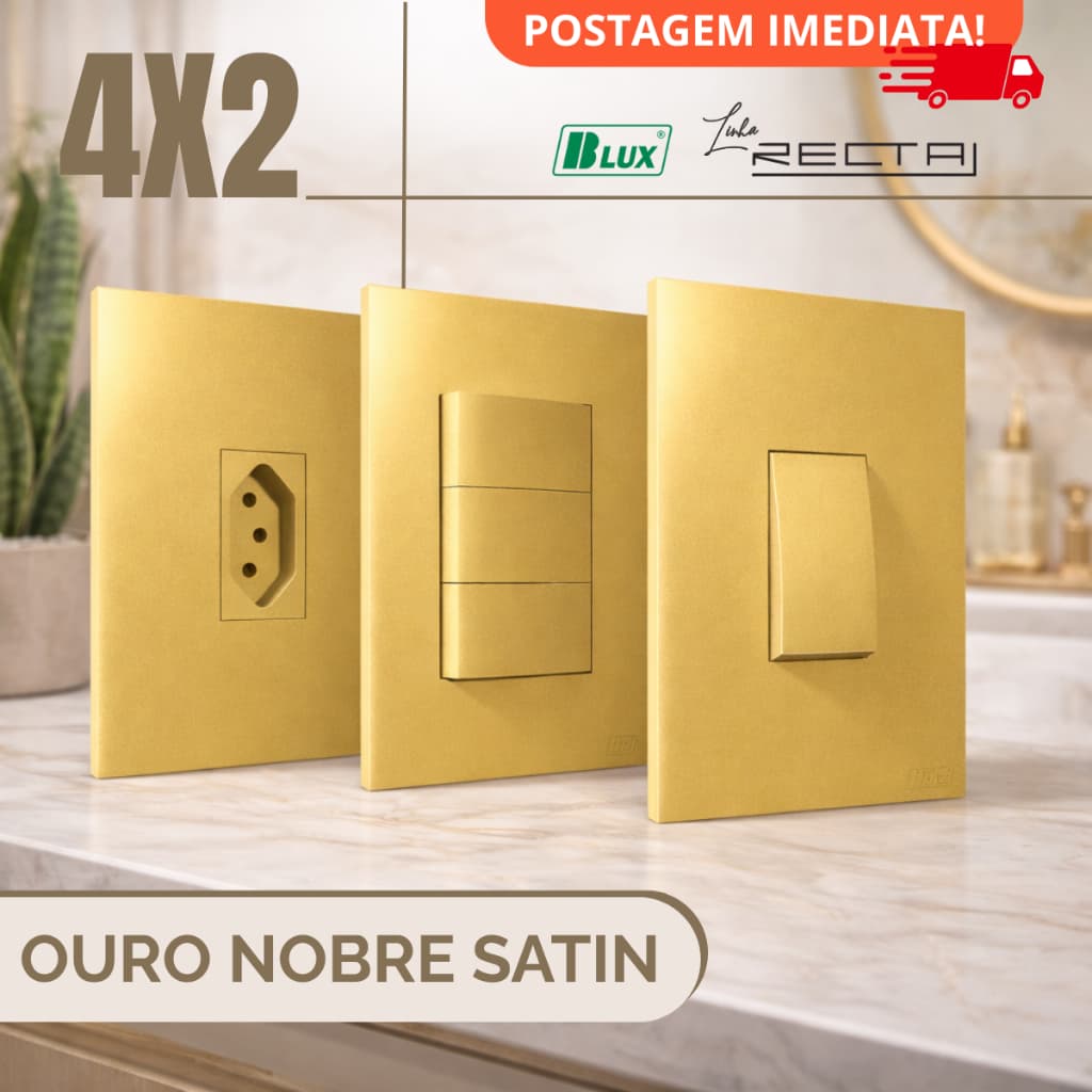 Conjunto Tomada Ouro Lavabo Banheiro 10A 20A Dourada 4x2 Interruptor Tecla Simples Paralelo Recta Satin Fosco BLUX