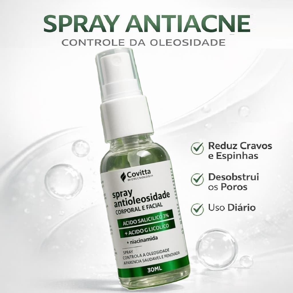 Spray Anti Oleosidade Facial 30ml Ácido Salicílico e Glicólico–Controle do Brilho e Poros-Covitta