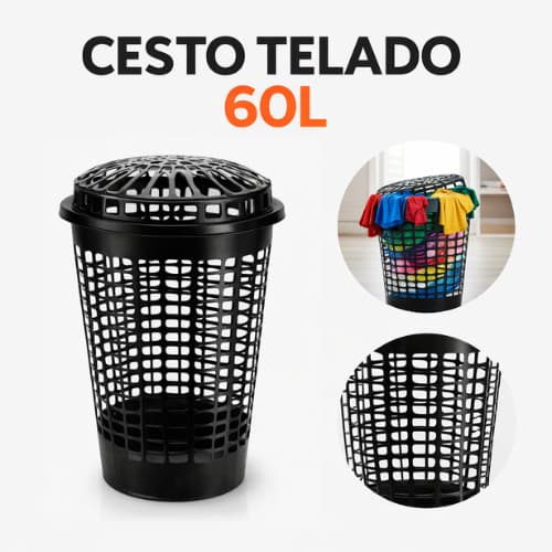 Cesto De Roupas Sujas Telado 60 Litros Com Tampa Preto - Resistente e Flexível com Ventilação Ideal