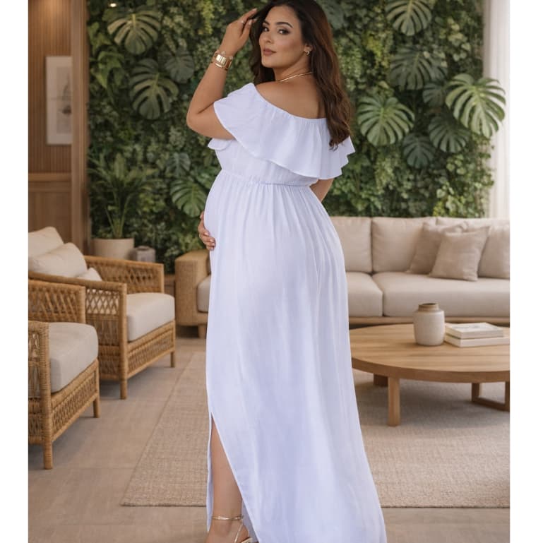 Vestido Branco Chá Revelação Feminino Plus Size Moda Gestante Grávida Casamento Civil Festas Formatura Elegante Casual