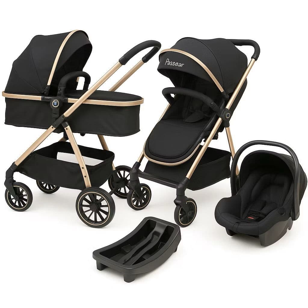 CARRINHO DE BEBE EUROPEU 3 EM 1 COM BEBÊ CONFORTO E BASE VEICULAR PRETO COM DOURADO TRAVEL SYSTEM