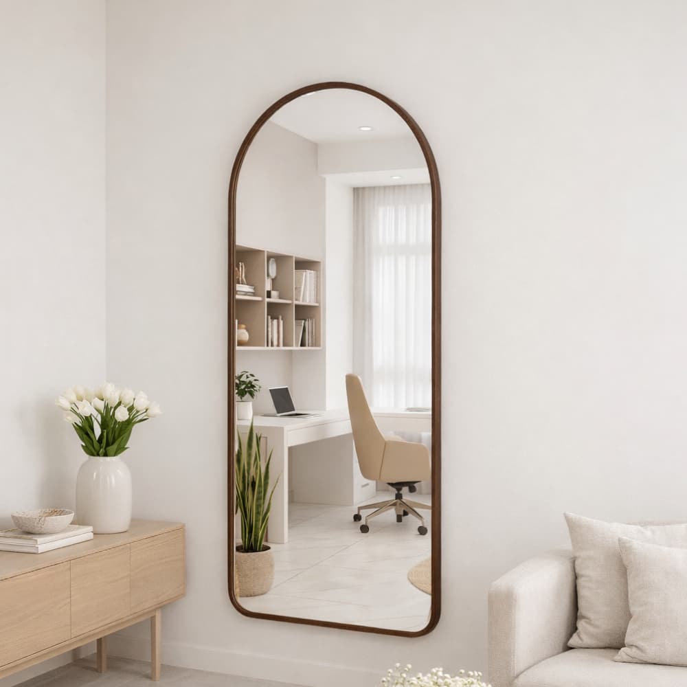 Espelho Oval Base Reta com Moldura em Couro Ecológico Decorativo Luxo Parede