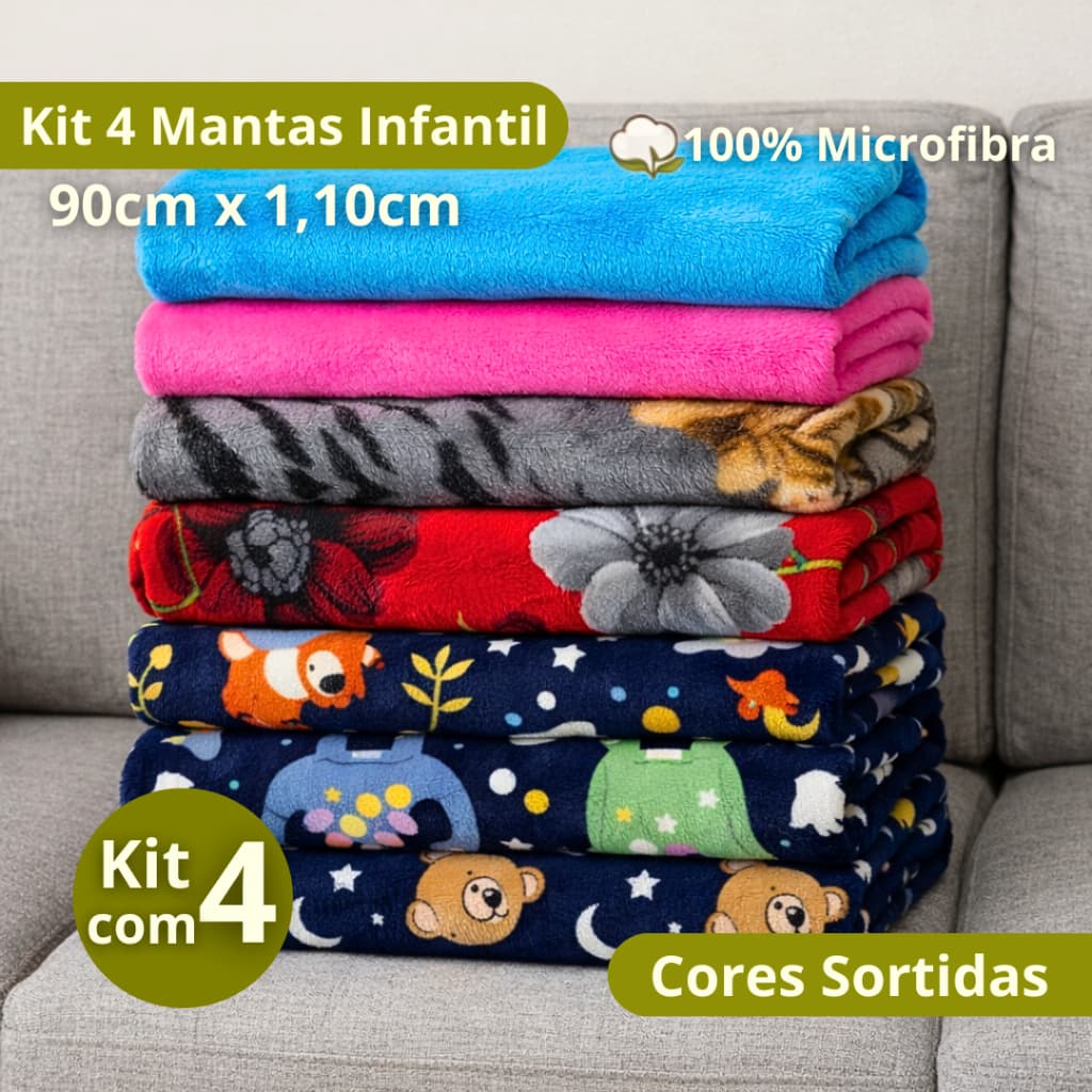 Kit Manta Infantil ou de PET 100% Microfibra Estampas e Cores Variadas 90cm x 1,10m