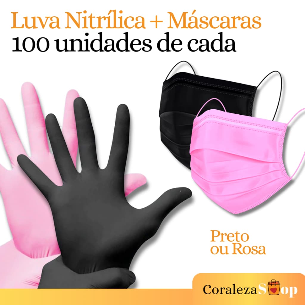 Kit 100 Luva Nitrílica Tam. P, M ou G + 100 Máscara Descartável | PRETO OU ROSA