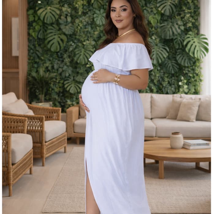 Vestido Longo Gestante Plus Size Chá Revelação Sessão De Fotos Casamento Civil Modelo Soltinho Ombro a Ombro Elegante