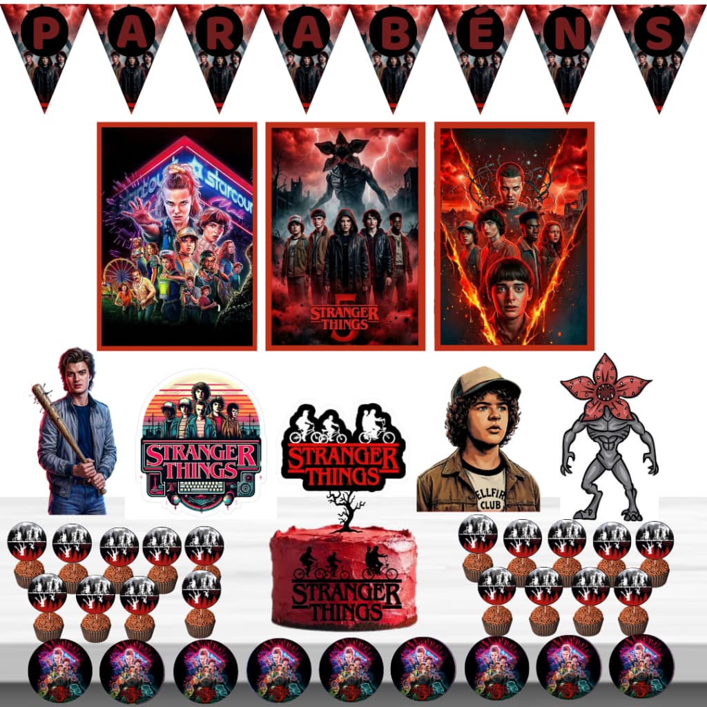 Kit festa Stranger Things Decoração Completa com Topo de bolo .