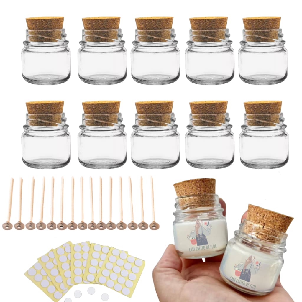 Kit 40 Itens para Velas – Pote de Vidro Baby + Rolha + Pavio + Adesivo