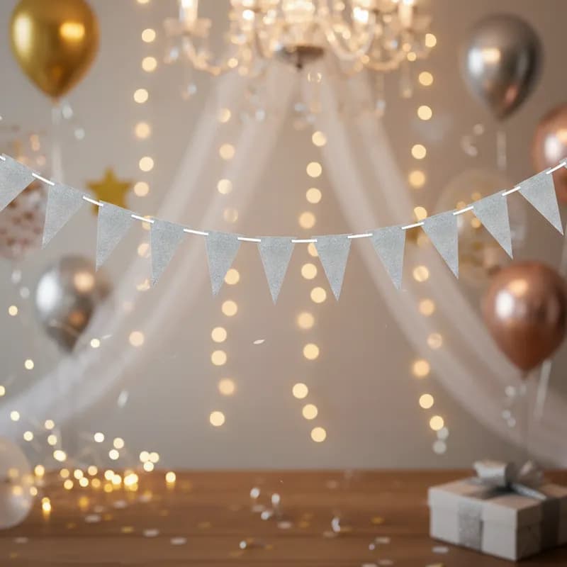 Faixa Decorativa Especial - Estilo Flâmula - Bandeirinhas Pratas com Glitter