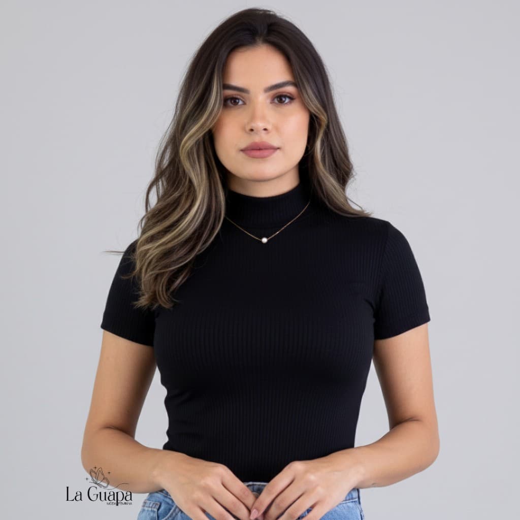 Blusa Feminina Tecido Canelado Gola Alta Manga Curta Tendência Blusinha Básica