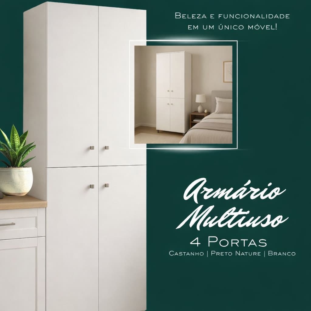 Armário Multiuso Parede 4 Portas 184cm | Suspenso ou com Pés | Área de Serviço/Cozinha