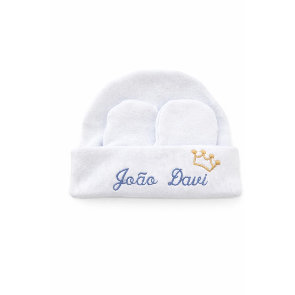 Kit Touca e Luvas Personalizado Maternidade Recém-Nascido Super Macia Malha Algodão RN