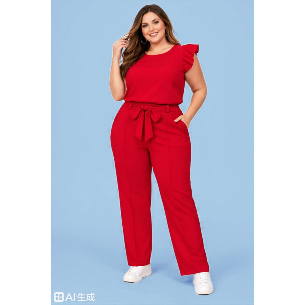 PLUS SIZE Conjunto Social PLUS SIZE Feminino Crepe Duna Calça Reta com bolso e Blusa Elegante