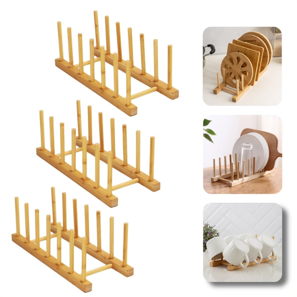 Suporte Organizador Escorredor Porta Pratos  Louças Tampas Copos em Bambu 4/6/8 Divisórias para Bancada Pia Armário