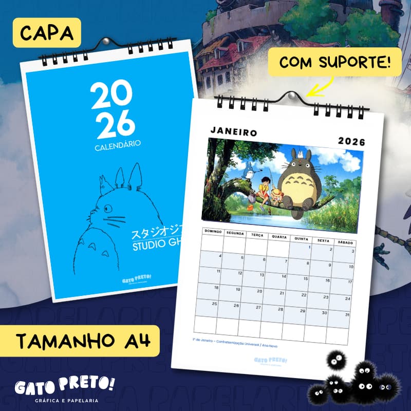 Calendário Studio Ghibli 2026 A4 parede Decorativo – Totoro, Chihiro, Kiki, Castelo Animado | Presente Geek Anime