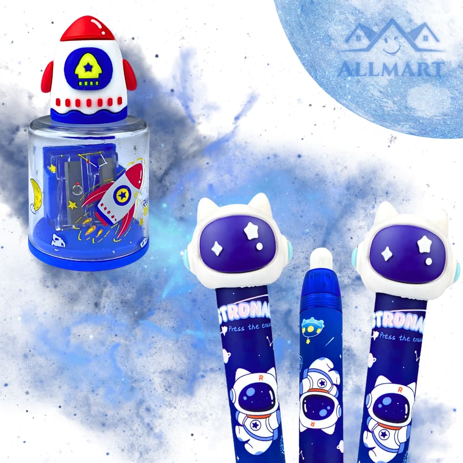 Kit Apontador Foguete + Borracha Retrátil Astronauta | Papelaria Kawaii Infantil