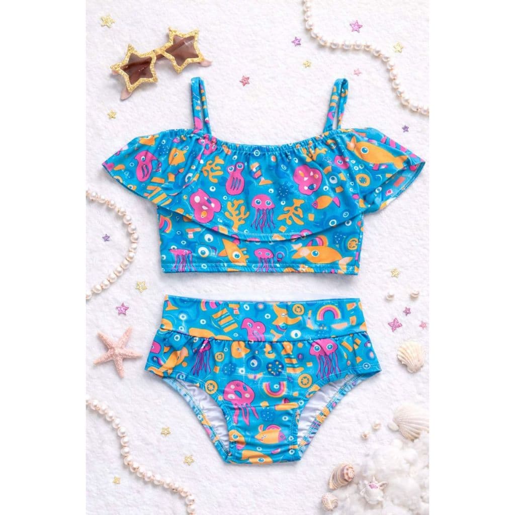Biquíni Infantil Top de Alça com Babado e Calcinha Modelo Confort Estampas Vivas em Suplex M ao GG