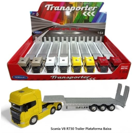 Miniatura Caminhão Scania V8 R 730 ou Volvo FH  Prancha Baixa   Trucado Welly 1:64