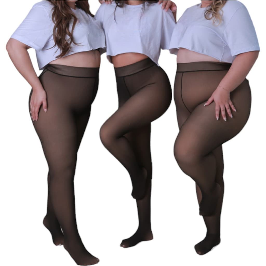 Meia-Calça Térmica Peluciada PLUS SIZE Forrada Translúcida de Lã Feminina Super Elástica Slim