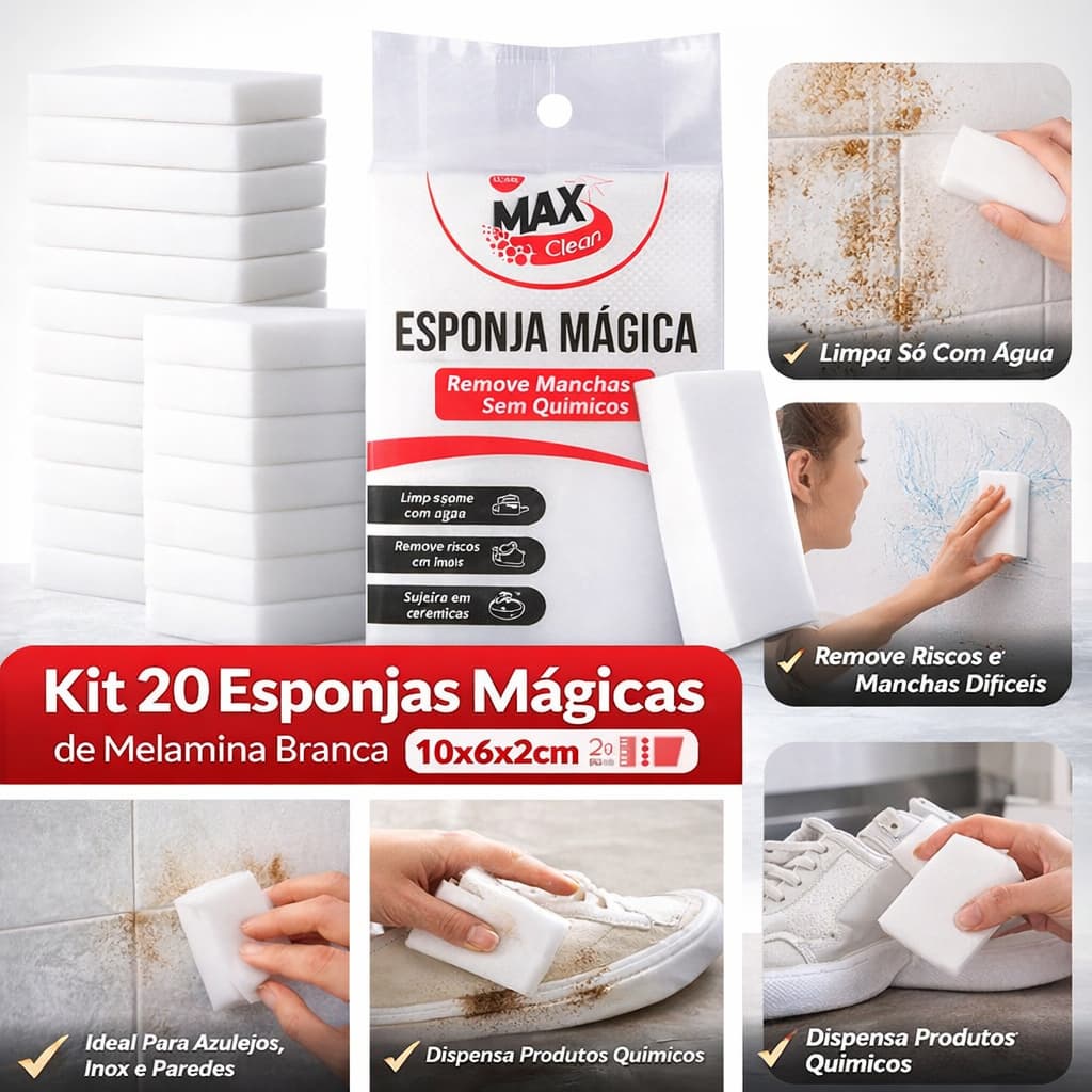 Kit 20 Esponjas Mágicas de Melamina Branca 10x6x2cm | Remove Manchas e Riscos | Limpeza Profunda sem Produto Químico