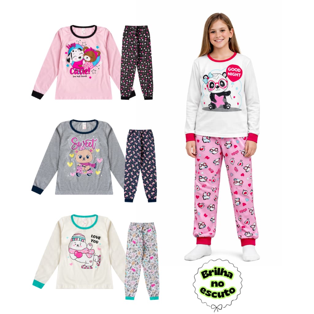 Kit 2 Pijama Juvenil Feminino Estampado Meia Malha Brilha no Escuro Menina