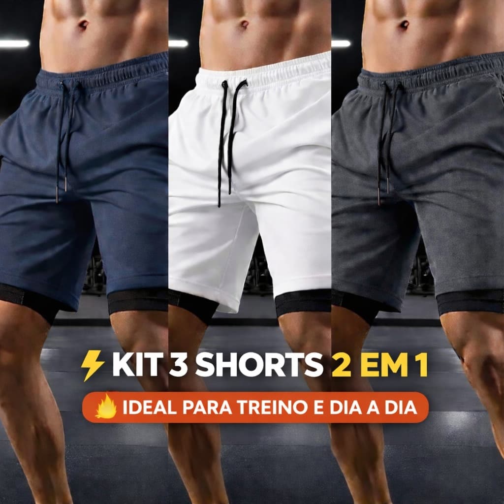 Kit 3 Shorts Masculinos 2 em 1 Academia Fitness | Secagem Rápida + Elastano