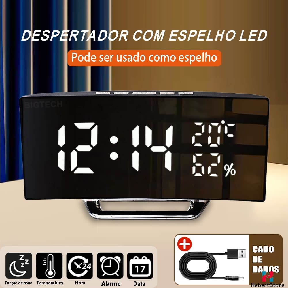 Relógio Portátil Alarm Despertador Digital Led Alarm Quarto Com Data Temperatura Espelho Curvado