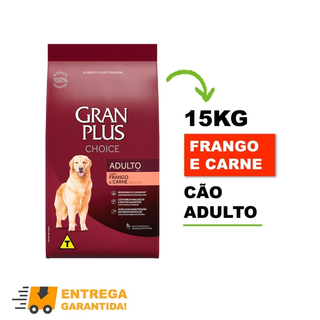 Ração GranPlus Choice Cães Adultos Frango e Carne 15KG-Envio Rápido