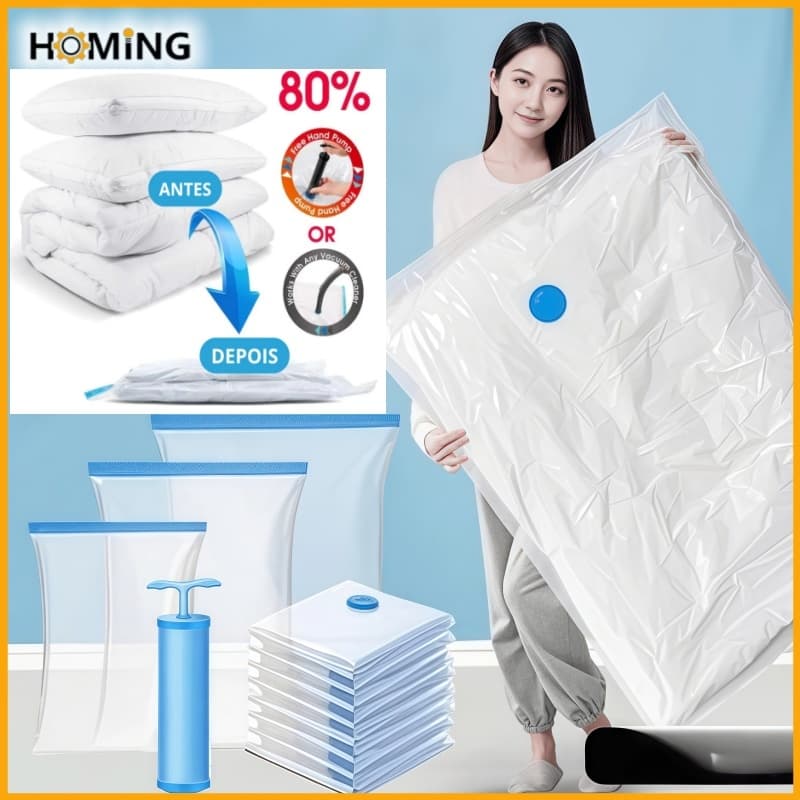 Kit 5/10 Saco à Vácuo COM ou SEM Bomba para Guarda Roupa Organização Mala Viagem Limpeza