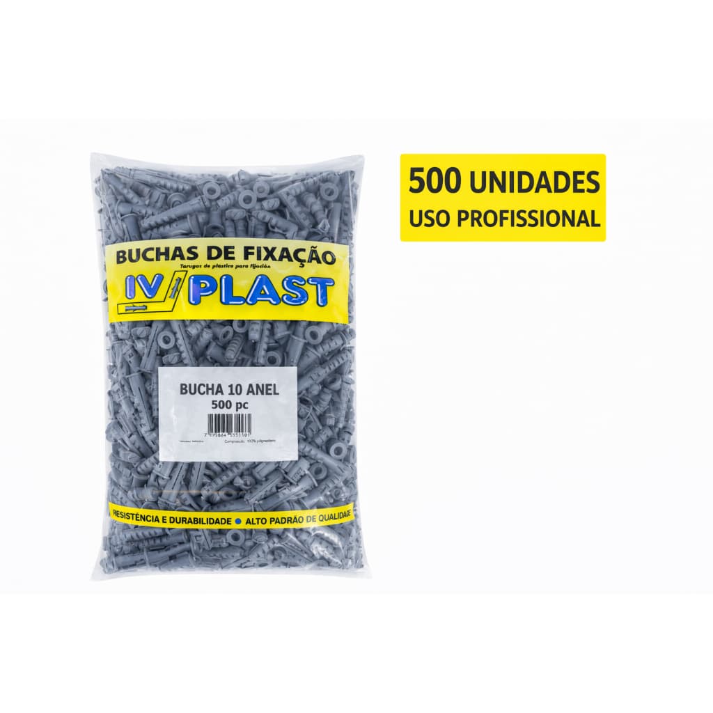Kit 500 Buchas 10mm com Anel IV PLAST Uso Profissional Fixação em Parede