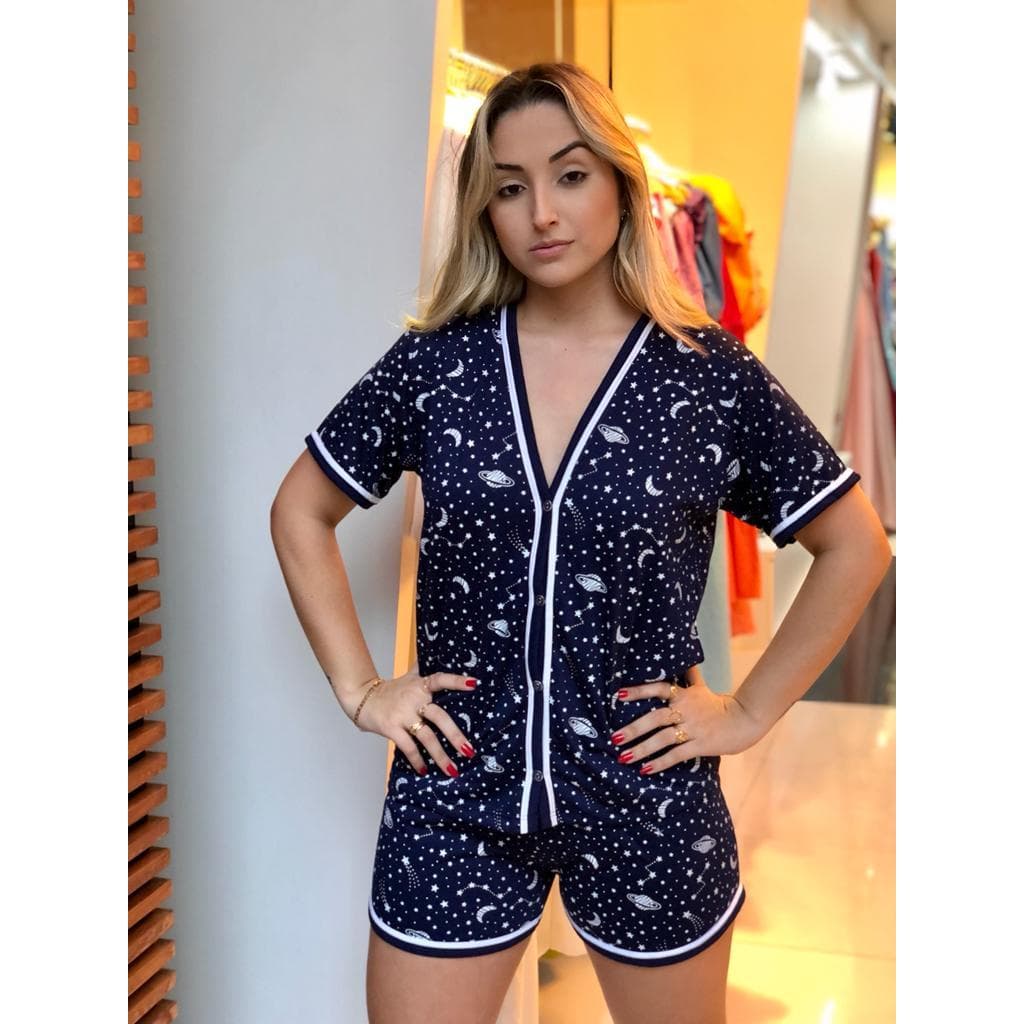 Pijama Americano Feminino baby doll Blogueirinha aberto com botões amamentar cirúrgico short doll