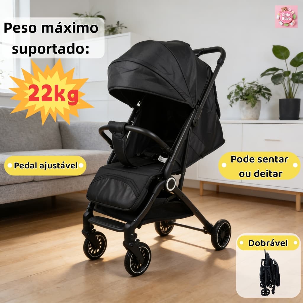 Carrinho De Bebê Passeio Vira Berço Compact Até 22kg Preto