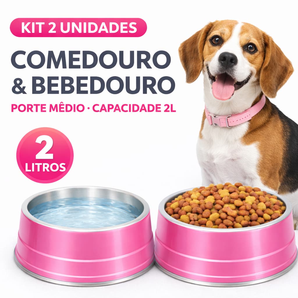 Kit 2 Comedouro e Bebedouro Rosa para Cachorro 2 Litros Alumínio