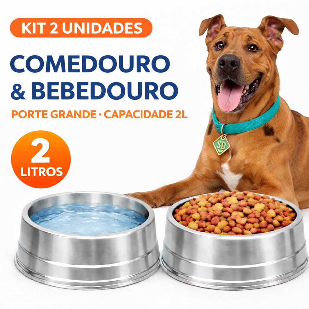 Bebedouro Comedouro Grande de Alumínio para Cachorro Tamanho 2 Litros Kit com Duas Unidades
