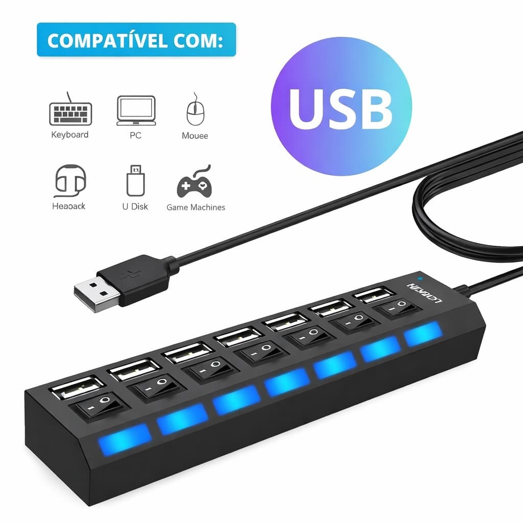 Hub USB 2.0 H'maston 4/7 Portas com Luz Indicadora e Proteção