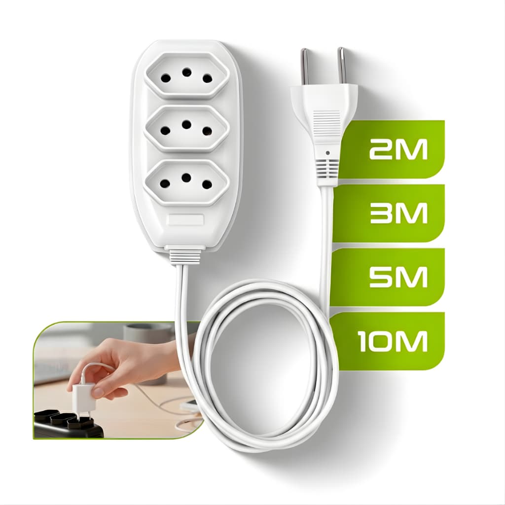 Extensão Elétrica 3 Tomadas Tripolar Bivolt 2 3 5 10 Metros Branco