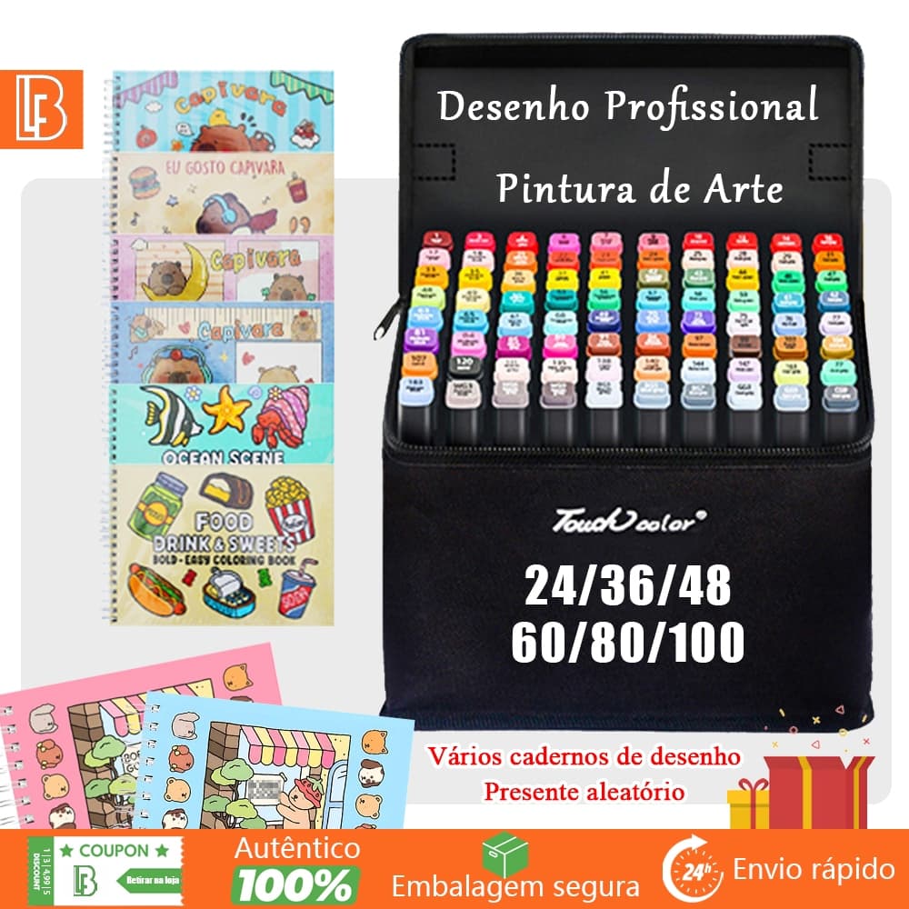 Kit Livro De Colorir Capa Dura 50 Páginas + 24/36/48/60/80 Cores Caneta Marcadora Com Ponta Dupla Pintura De Arte