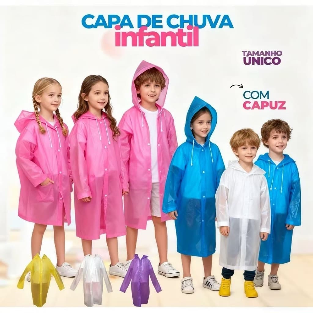 Capa de Chuva para Crianças Reforçada e Reutilizável | Impermeável e Leve - A842