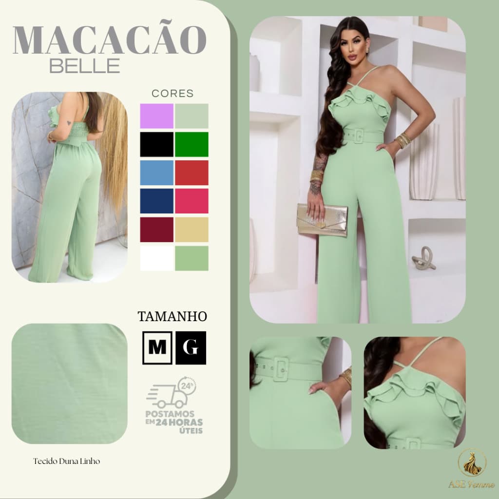 Macacão Feminino Moderno com Cinto Ajustável, Babados e Elástico nas Costas, Verão, Moda atual