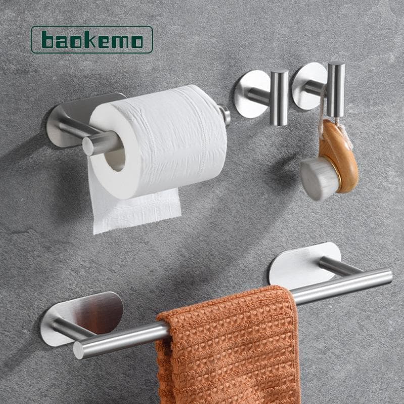 Baokemo Banheiro De Aço Inoxidável Sem Perfuração Barra Toalha Roupas Gancho rack Parede Conjunto Acessório